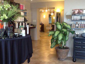 A cozy spa reception area with potted plants and warm lighting.